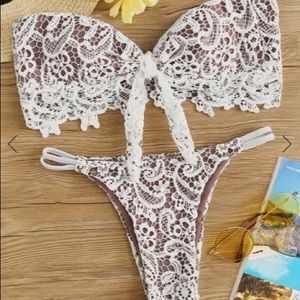 Contrast Lace Front Knot Top w/ Thong Bikini Set